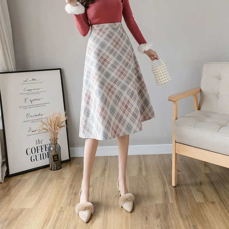 

Fall Winter Skirt Female 2020 Wool Printing Long A- line Skirt Woman Skirts Mujer Faldas Saias Mulher