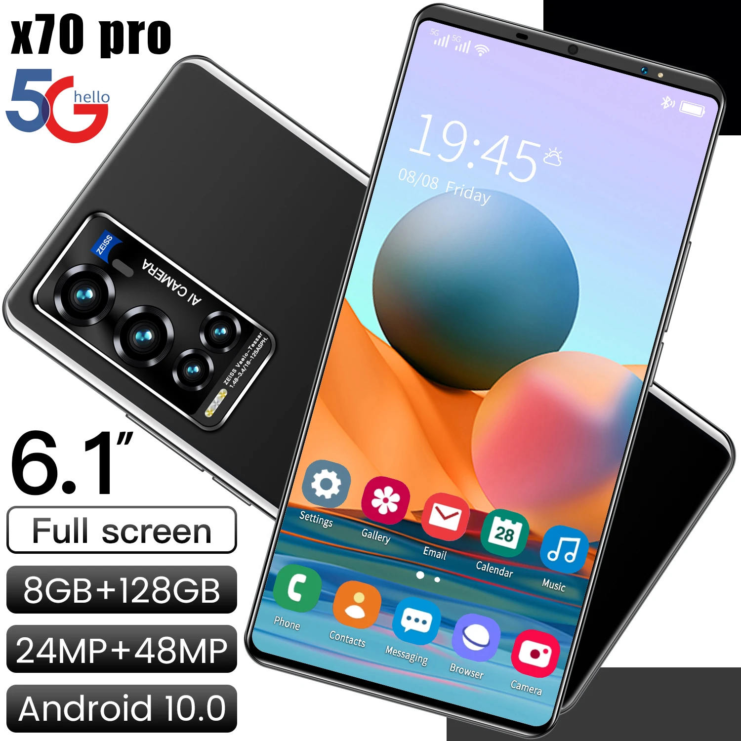 

Global Version X70 Pro Smart Phone Andriod 10.0 Dual SIm+Micro SD Fingerprint ID 8+128GB 6.1 Inch 24+48MP Cell Phone MTK6595