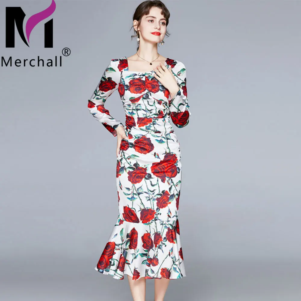 

Autumn Spring Bodycon Flower Print Long Dress Woman Office Lady Square Collar Long Sleeve Sexy Sheath Ruched Party Dress M76003