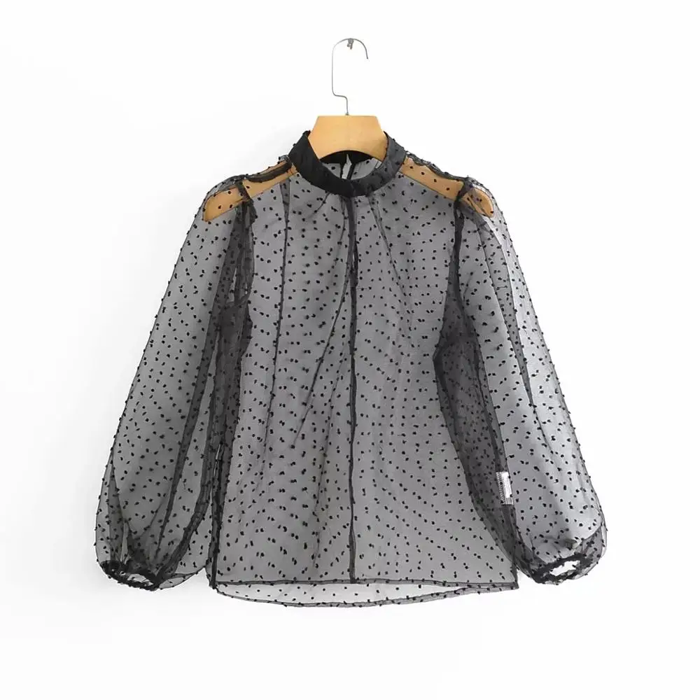 Блузка ZA женская прозрачная шифоновый топ с пышными рукавами в горошек