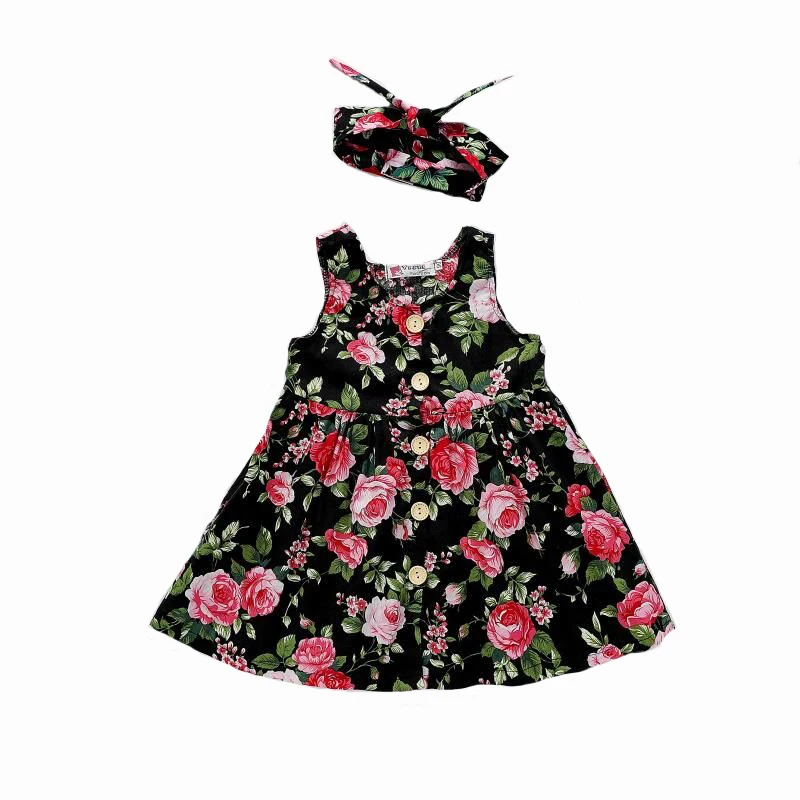 Summer Baby Girl Dress Fashion Sleeveless Flower Print Infant Girls Party Princess Dresses Headband 2Pcs Toddler Clothes Outfits