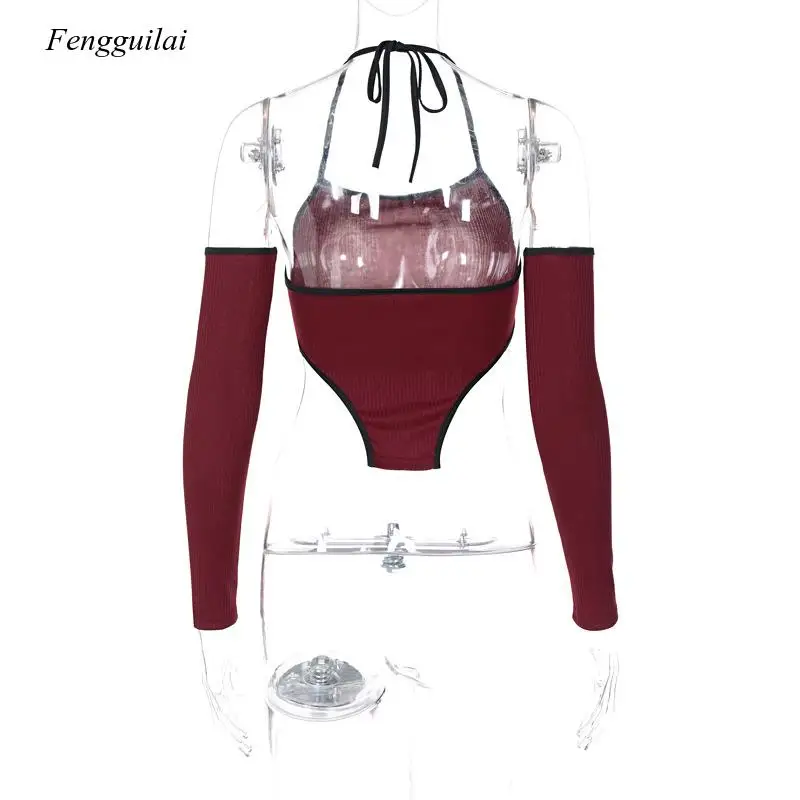 

2021 Spring Summer Fashion Wine Red New Tie Neck Sling Short Vest High Street Women's Wear