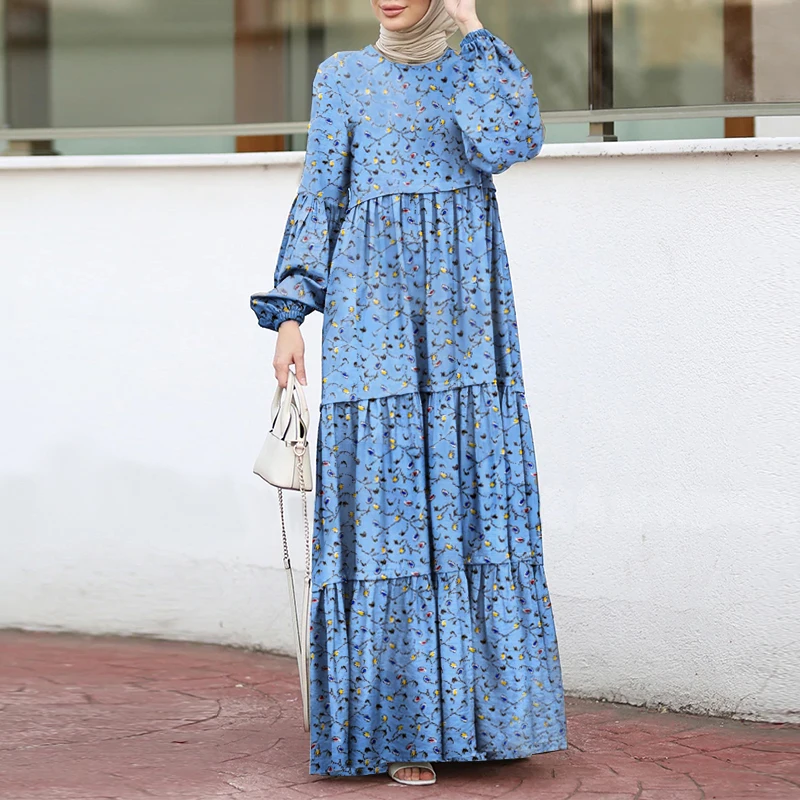 

Elegant Print Ruffle Dress Women's Muslim Sundress ZANZEA Casual Puff Sleeve Maxi Vesitdos Female Layered Printed Robe