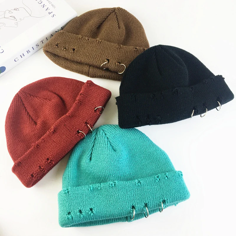 

Winter Harajuku Women Skullies Knitted Fashion Warm Thick Hat Autumn Hip Hop Hole Beanies Unisex Basic Cap PJ009