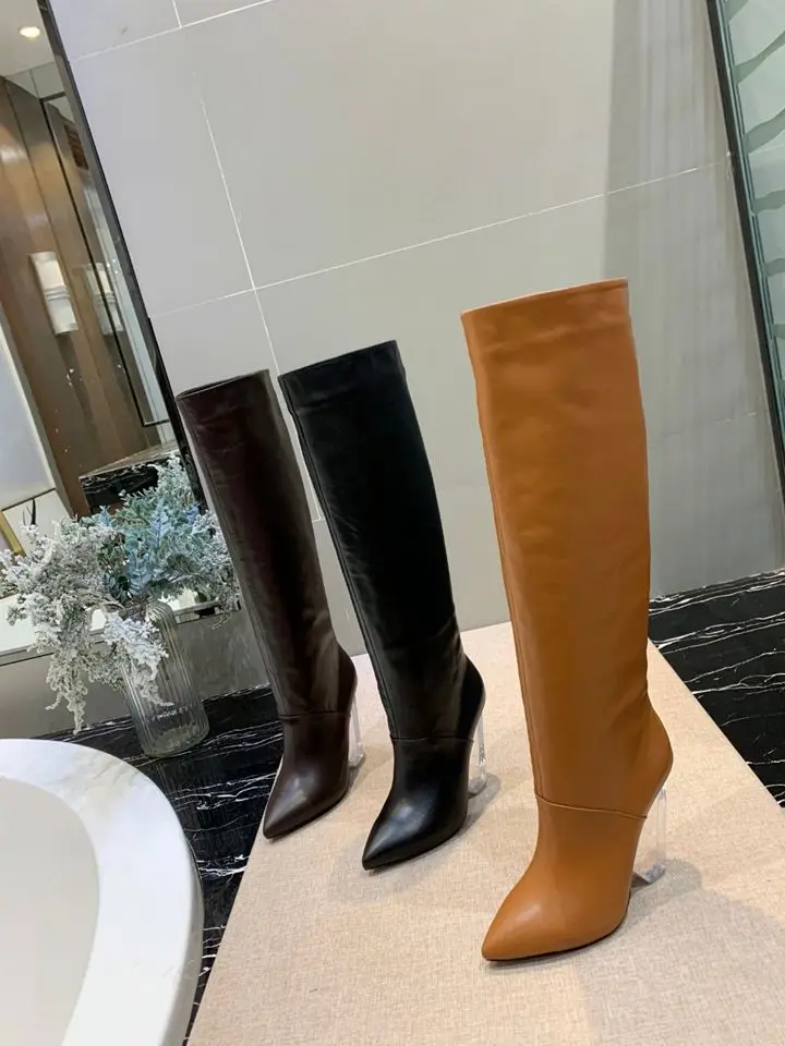 

Carpaton Pointed Toe Women Boots Real Leather Transparent Spike Heels Knee High Boots Fashion Riding Boots Black