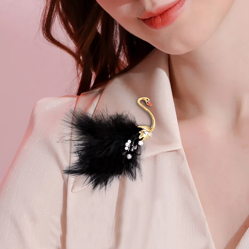 

KIOOZOL Elegant Swan Style Brooch Pink White Black Color Feather Brooch For Women Vintage Jewelry Accessories 141 KO2