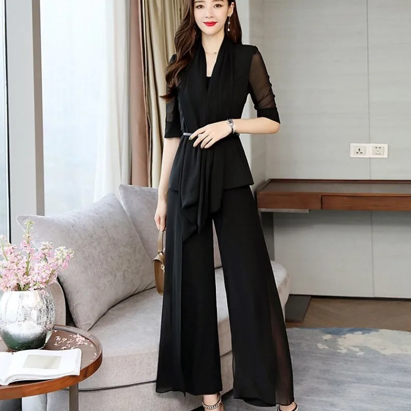 

Summer Business Women Work Irregular Cape Long Coat Wide Leg Pants Outfits Suit Chiffon Office Ladies Suits Sashes Conjunto Set