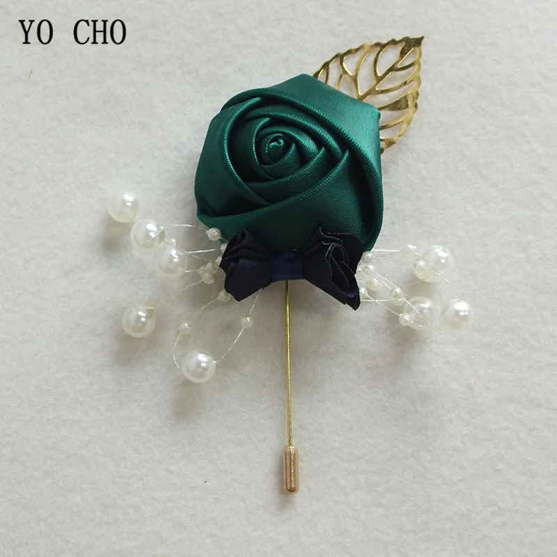 

YO CHO Silk Boutonnieres Prom Corsage Ceremony Flowers Men Brooch Pins Burgundy Wedding Boutonniere Groom Buttonhole Pins Flower