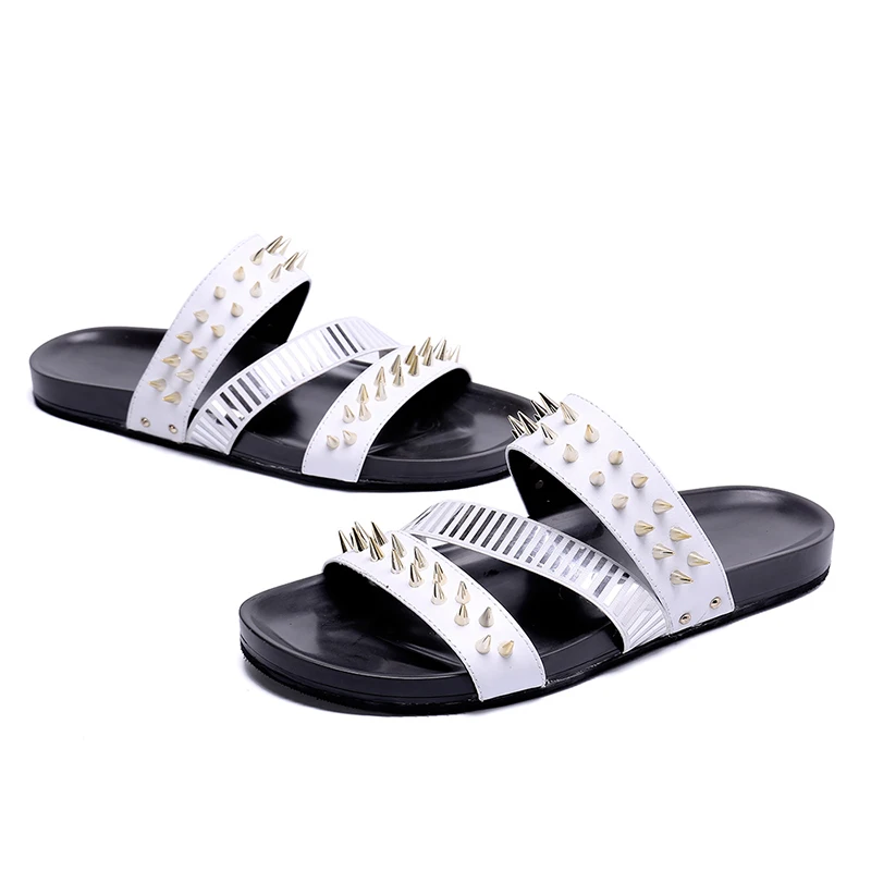 Белые сандалии с заклепками модные мужские из натуральной кожи открытым носком в