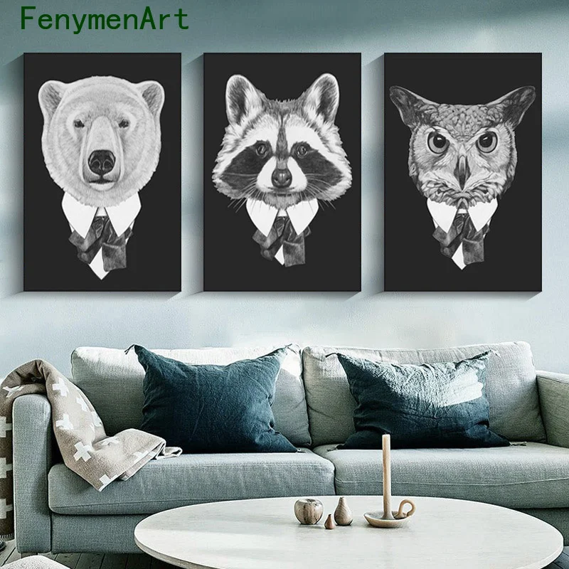 

Тигр медведь панда лиса Сова Картина на холсте черные белые животные плакаты и принты Скандинавская Настенная картина Современные картины ...