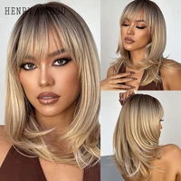 henry margu short straight synthetic wigs brown to blonde ombre bob wigs with bangs ladies cosplay party heat resistant wig