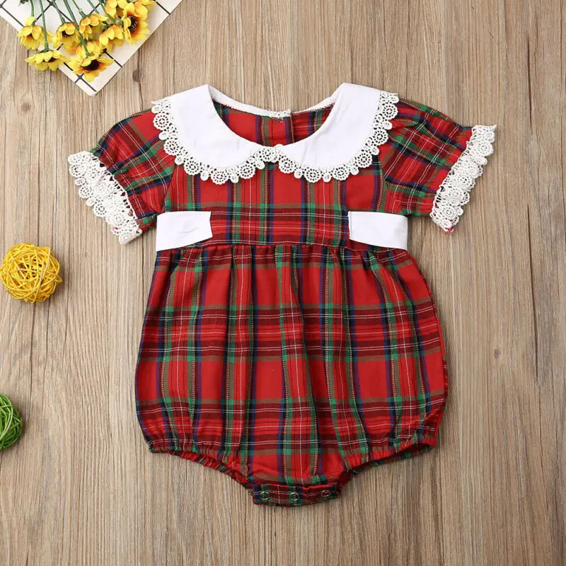 Christmas Kids Baby Girls Clothes Sister Matching Plaid Romper Dress Outfits |