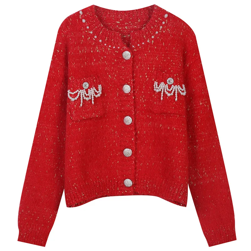 

Модный свитер, кардиганы, женские свободные вязаные топы, Красная Зеленая Джерси с жемчужным бисером, Повседневная Верхняя одежда в японско...