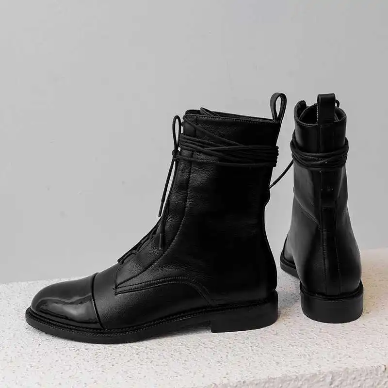spesifikasi Krazing Pot Baru 2020 Sapi Kulit Round Toe Heels Kupu Kupu-kupu Renda Wanita Elegan Hitam Warna Pertengahan Betis Boots L37
