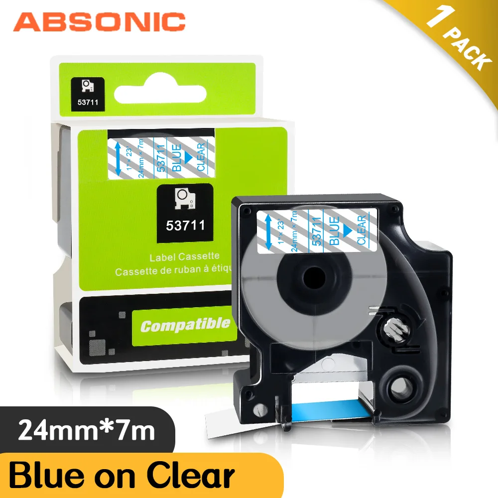 

Печатная лента Absonic 53711 24 мм * 7 м, совместимая с Dymo D1, ярлычная лента синего цвета на прозрачном для Dymo LabelManager PnP Wireless 500TS