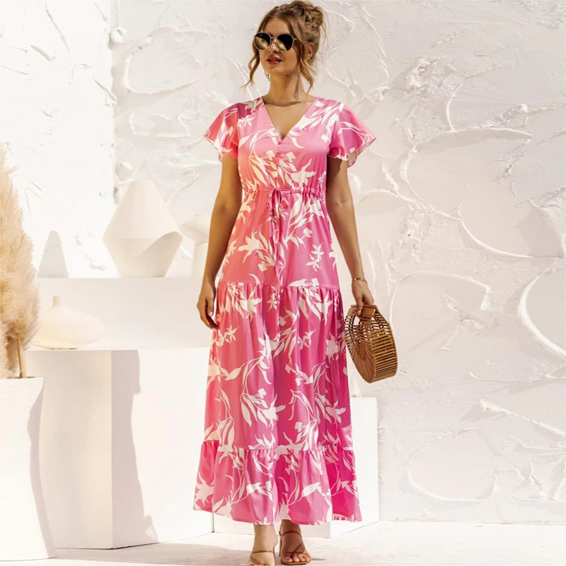 

Women V Neck Floral Print Lace Up Ruffles Boho Maxi Dress New Summer Ladies Button Short Sleeve Beach Vestidos Female Long Robe