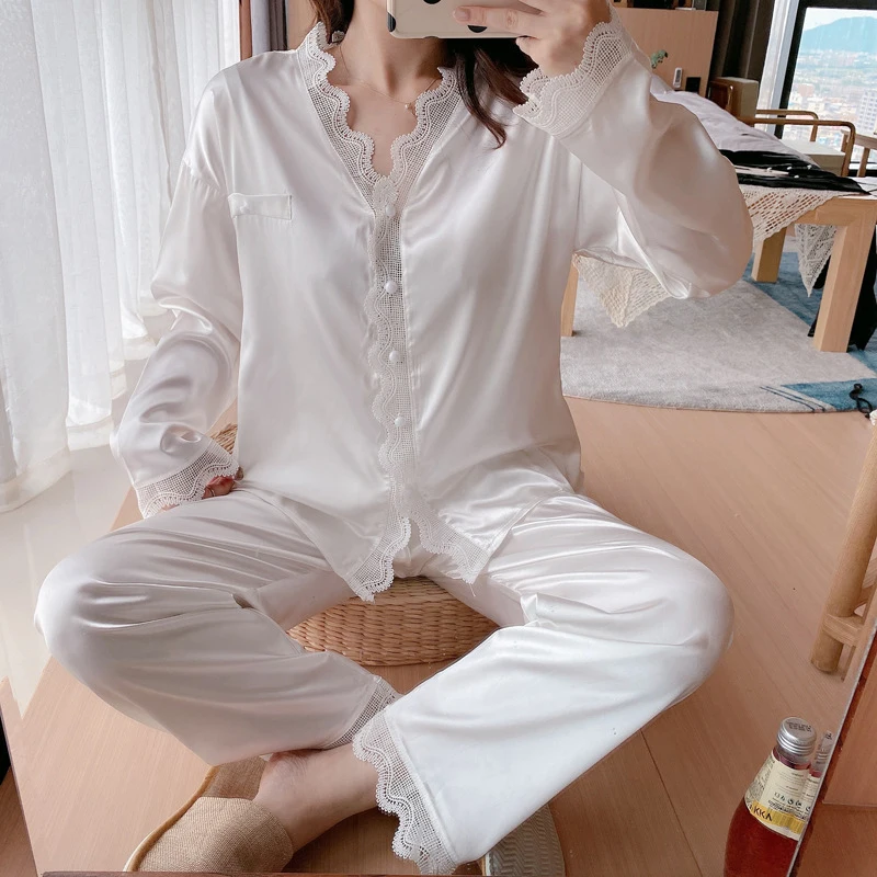 Осенние атласные пижамные комплекты из двух предметов Домашняя одежда женская