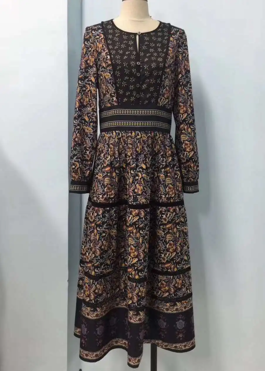 

2020 Spring Fashion Designer High Quality Women O-Neck Vintage Print Tunic Buttons Up Long Sleeve Mid-Calf Dress Female