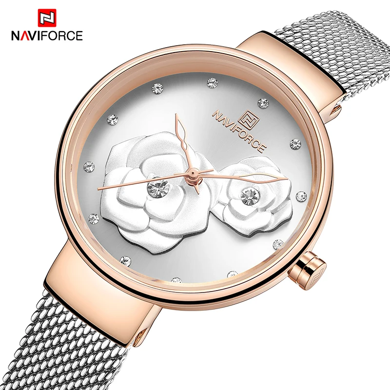 Creative 3D Flower Women Watch NAVIFORCE Luxury Brand Fashion Casual Ladies Watches Waterproof Full Steel Mesh Quartz WristWatch | Наручные
