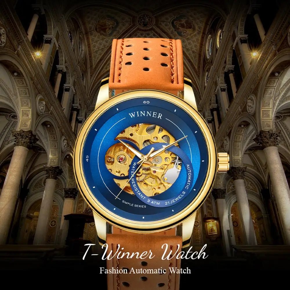 2020 T WINNER популярный Скелет Montre Homme автоматические золотые мужские часы кожаный