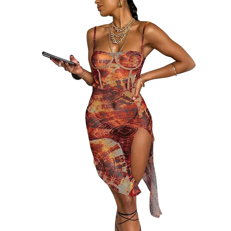 

Wild Print Women Summer Strap Dress Off Shoulder Chic Asymmetrical Split Package Hip Dress 2021 Casual Skinny Streetwear Robes
