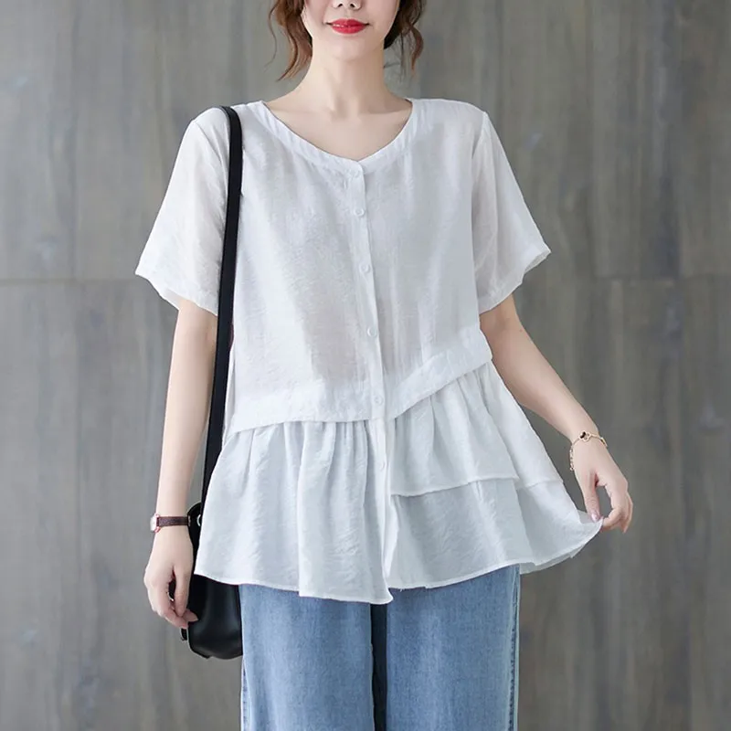 

Women Cotton Casual Shirts New 2021 Summer Vintage Style V-neck Solid Color Loose Female Short Sleeve Tops S3904