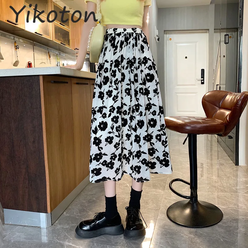 

Women Simple Flower Print Chiffon Loose Long Skirt Casual Korean Style A-line High-Waisted Elastic 2021 Summer Skirts Streetwear