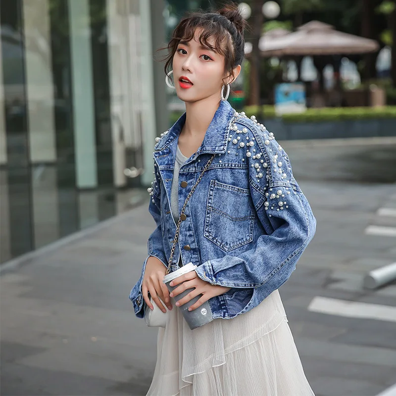 

Fashion Diamonds Denim Jacket Women Loose Short Outwear 2021 Spring Autumn Street Indie Aesthetic Lapel Beading Cowboy Jackets