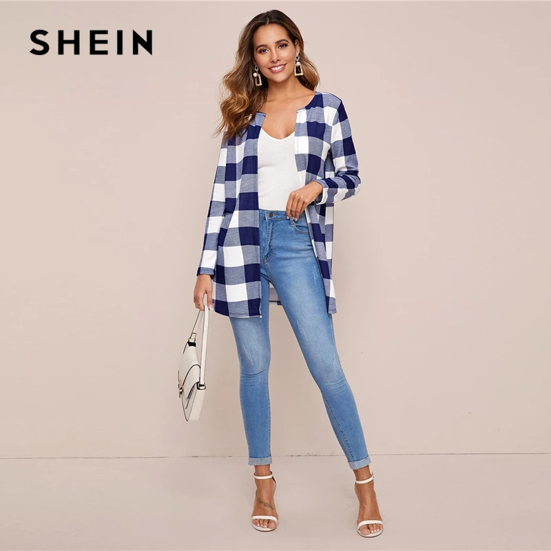 

SHEIN Multicolor Plaid Print Open Front Casual Coat Women Outwear Spring Long Sleeve O-neck Office Ladies Basic Long Coats