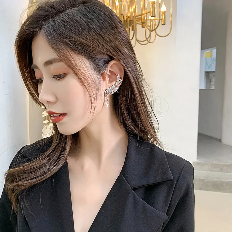 

Fashion Water Drop Cubic Zirconia Wings Ear Bone Clip Female S925 Silver Needle Single Earrings Fashion Party Jewelry Gift