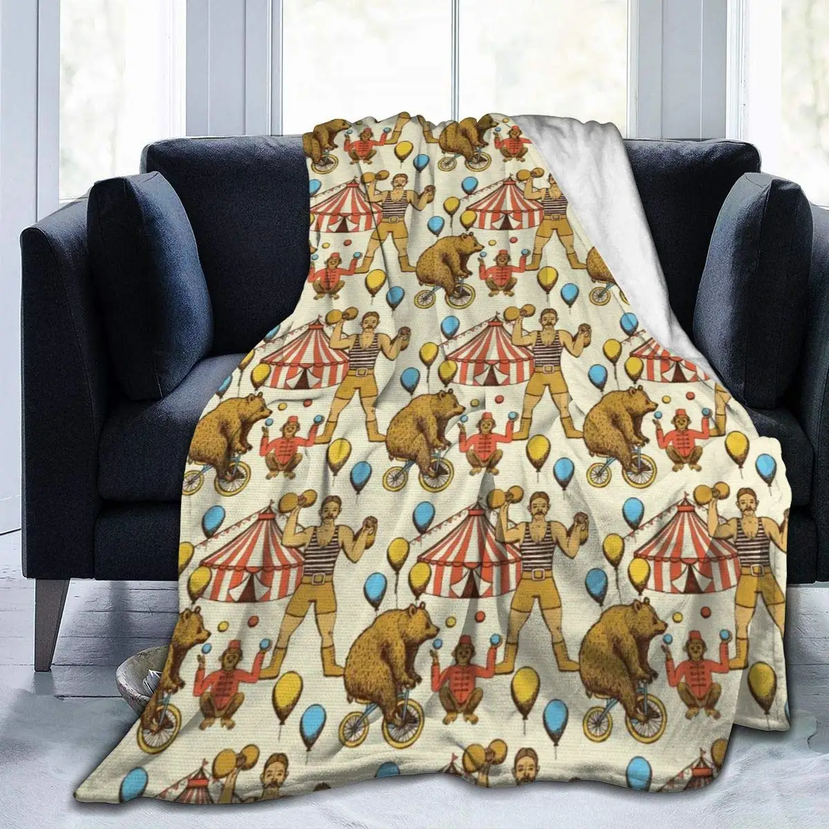 

Flannel Fleece Throw Blanket Sketchy Circles in Vintage Style Bear Rigdding On A Bicycle Strongman Print Soft Warm Fuzzy