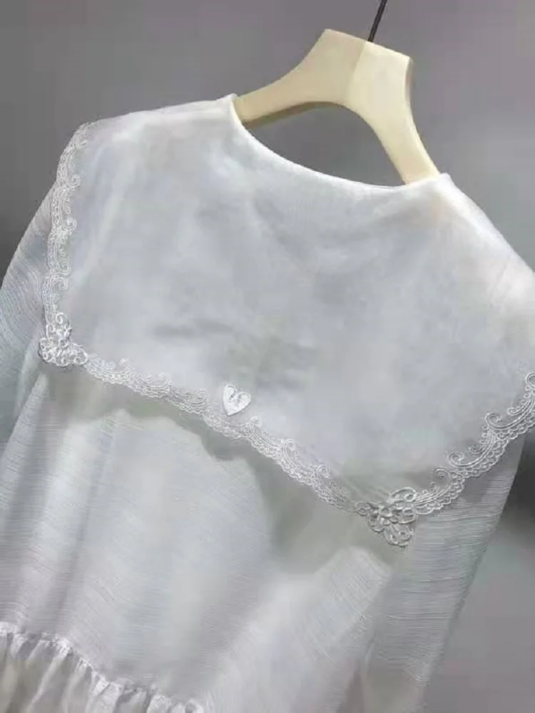 

Sweet Cute Dress 2021 Spring Summer Style Ladies Big Turn-down Collar Sweetheart Embroidery Long Sleeve Casual Loose Dress White
