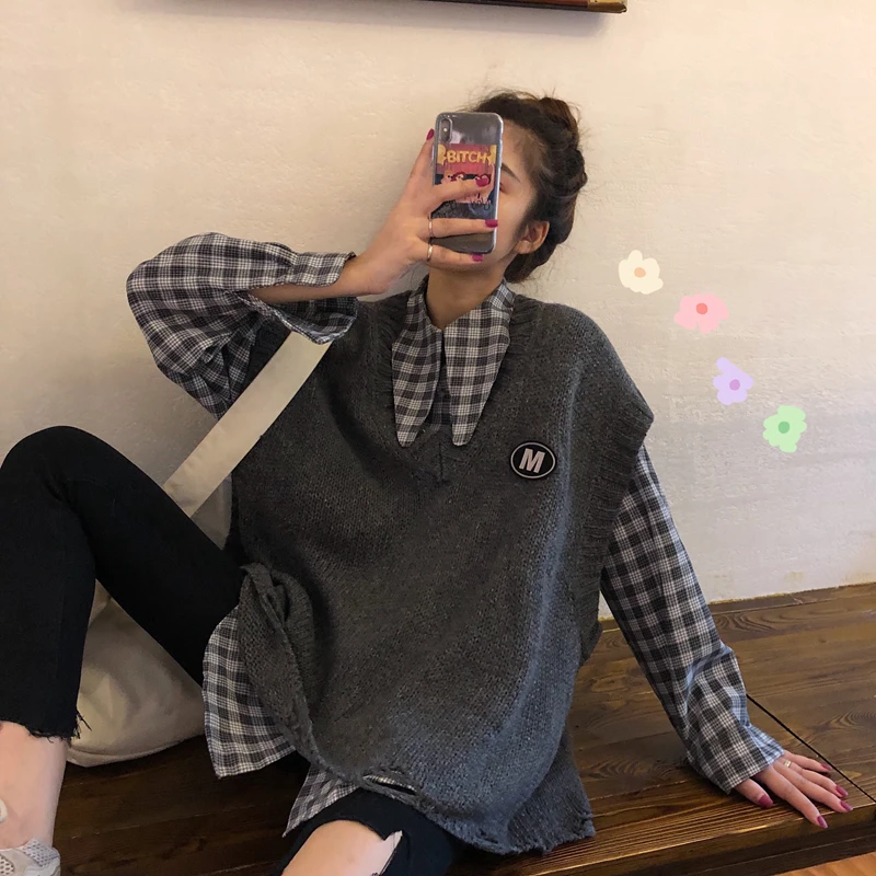 НОВАЯ шикарная женская вязаная кофта без рукавов и клетчатые блузки осень Весна