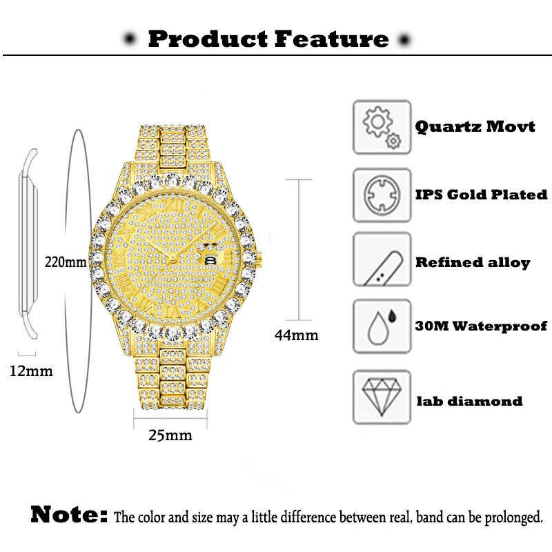 

Dropshipping Luxury Brand Men Watch Ice Out Diamond Gold Watches For Male Gift Calendar Stylish Casual Red Dial Wristwatch 2021