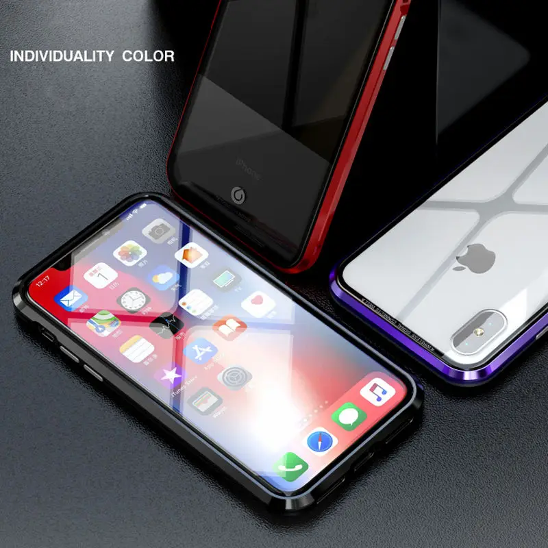 

Magnetic Adsorption Metal Bumper Case For Apple coque iPhone X XR XS Max Magnets Glass Cover For iPhone 7 8 Plus X Case etui