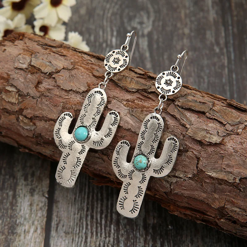 

New Retro Pattern Ethnic Style Turquoise Flower Earrings Personality Exaggerated Geometric Jewelry Earrings