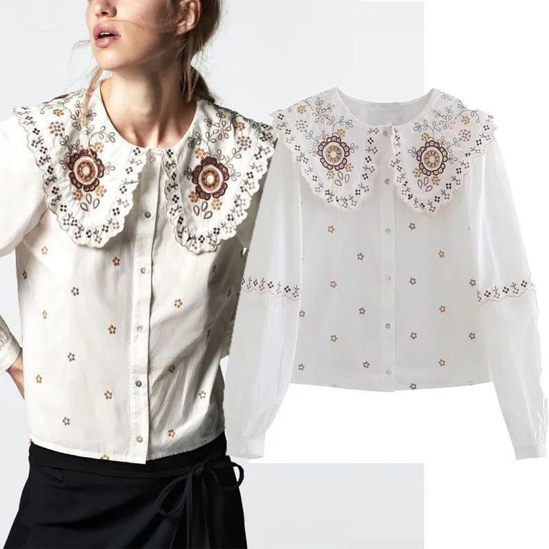

Женская рубашка с вышивкой ZA, элегантная белая блузка с длинным рукавом и вышивкой, свободная блузка с воротником «Питер Пэн» на осень, 2021