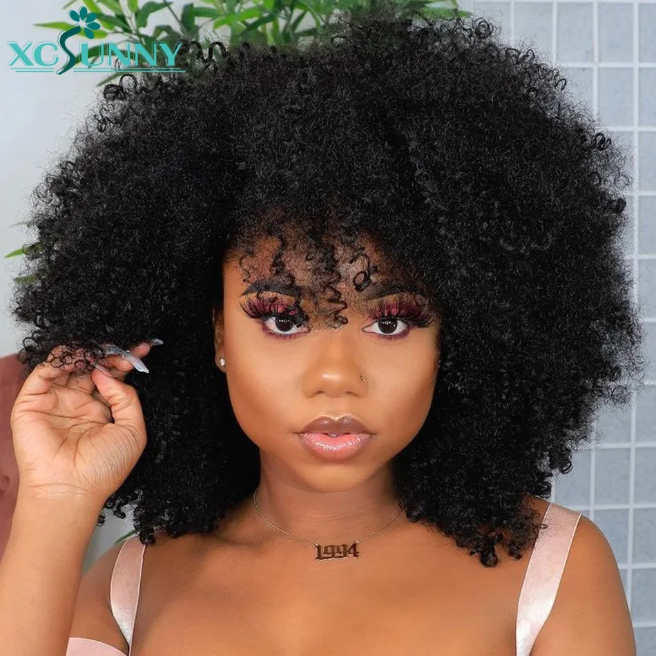 Afro Kinky Curly Wig Human Hair Wigs With Bangs 200 Density Remy Brazilian Full Machine Made Scalp Top Wig For Women xcsunny