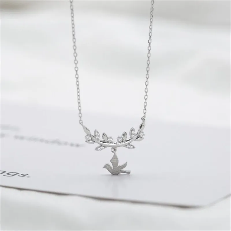 

Real Silver Color Zircon Leaves Branch Cute Swallow Bird Peace Dove Necklace for Women Fine Jewelry Gifts Female SN182