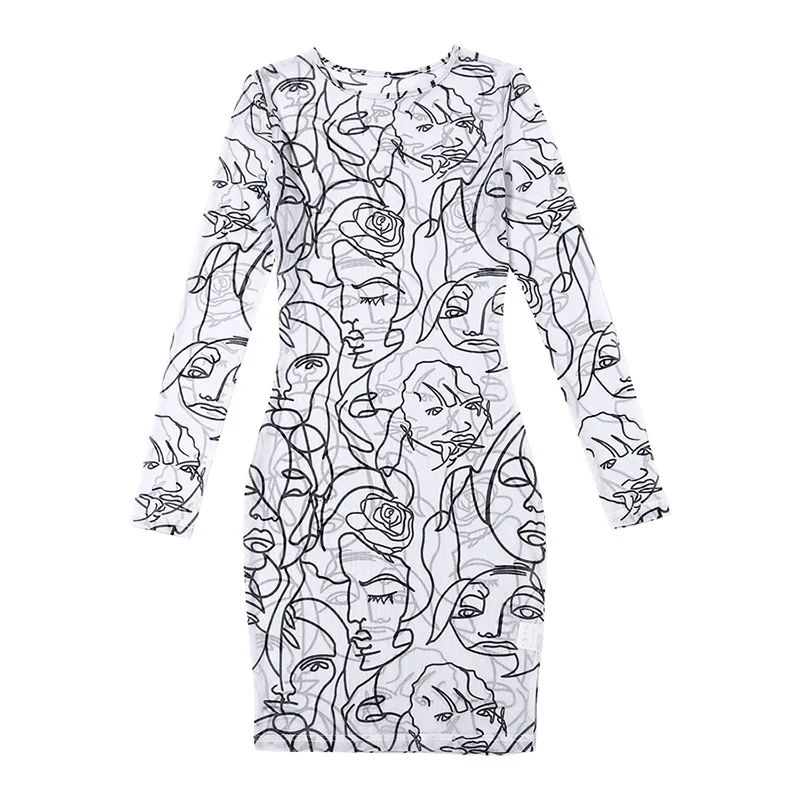 

Retro Tribal Ethnic Wind Mesh O-Neck Long Sleeve Art Graffiti Thin High Street Casual Wear Slim Soft Bodycon Mini Dress Female