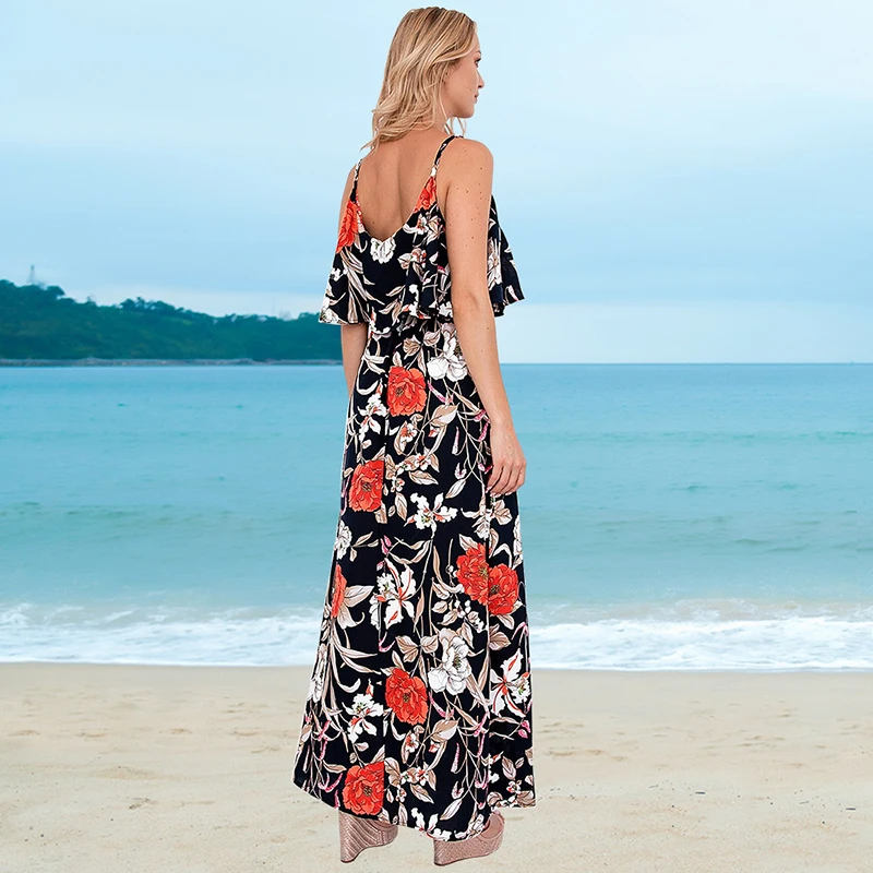 

Floral Print Sleeveless V Neck Long Beach Draw Back Dresses For Women 21 Summer Hot Loose White Blue Black Feminina LD1636