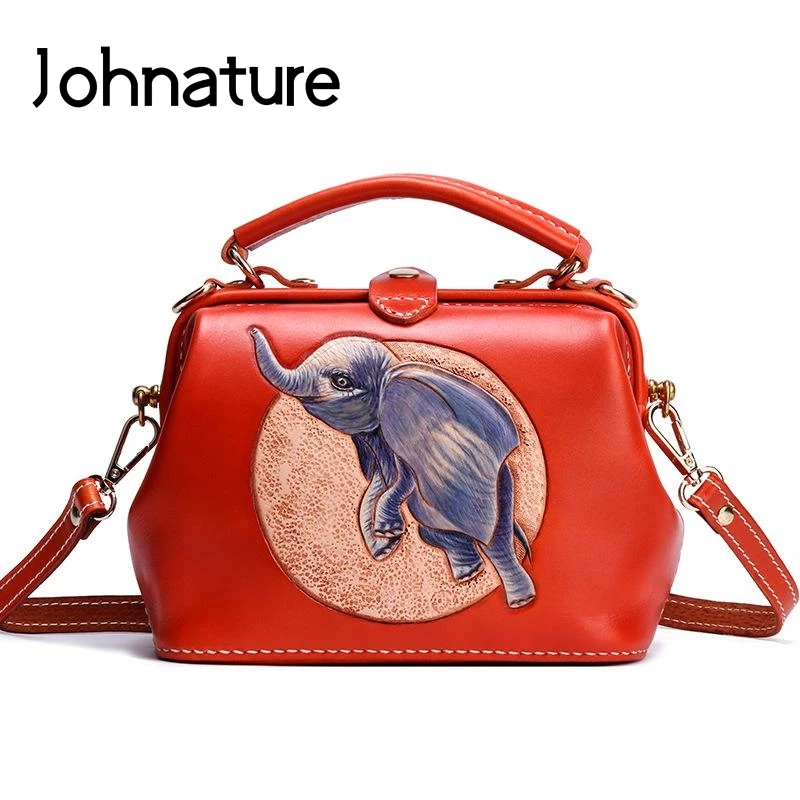 

Johnature Vintage Genuine Leather Carving Handmade Luxury Handbags Women Bags Designer 2021 New Elephant Cowhide Shoulder Bags
