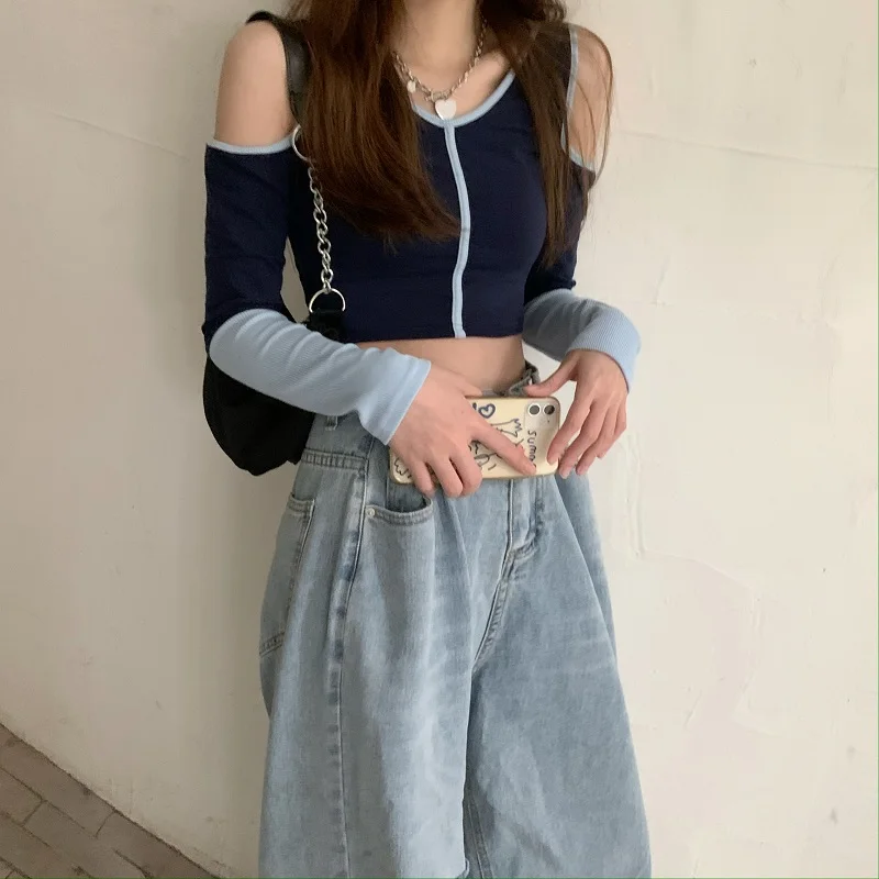 

Off Shoulder Long Sleeve Ladies Tops Spring Autumn Fashion O-neck Crop Top Slim Tees Hipster Patchwork T-shirts Women's Clothing