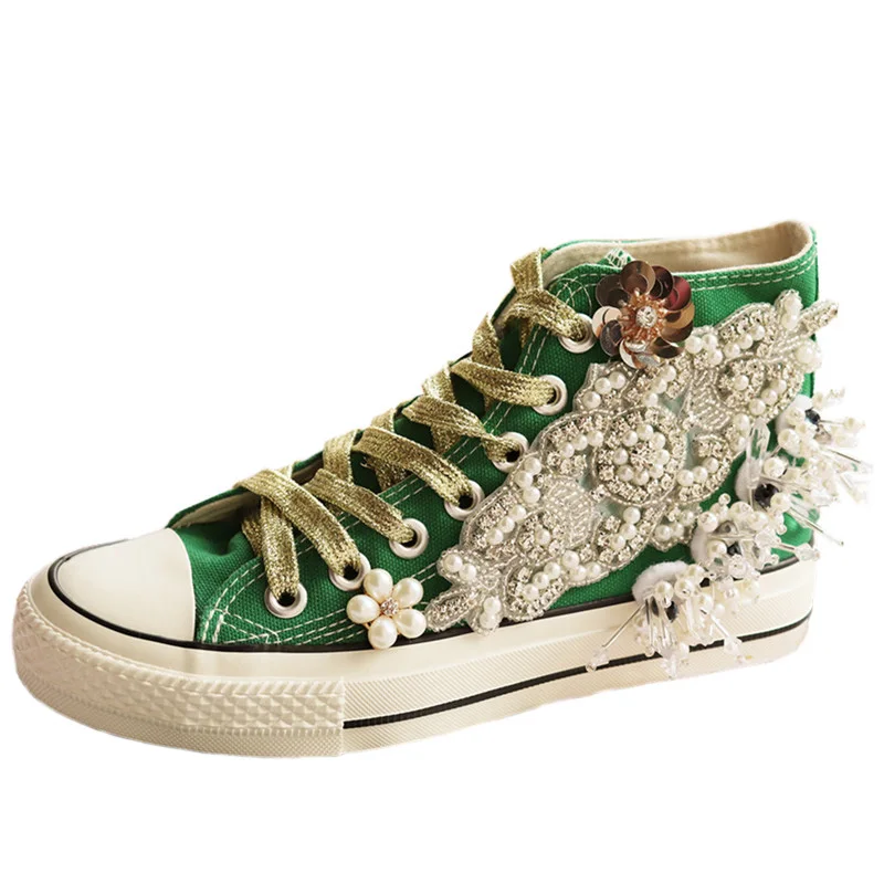 

New Korean version of Chaozhou Vintage Green high-top canvas shoes handmade pearl string single shoe sneakers