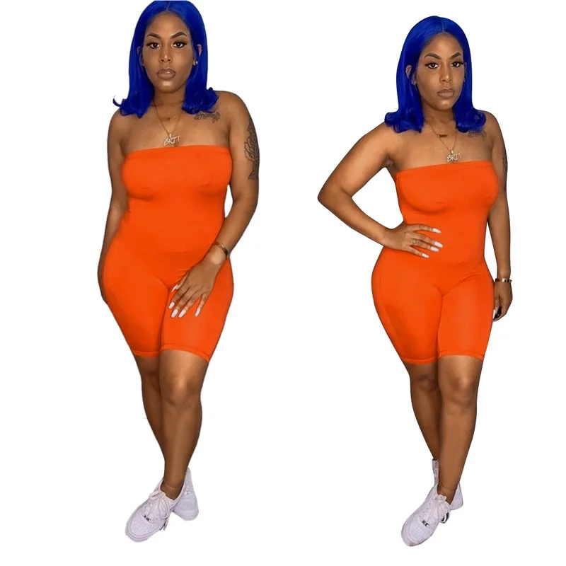 

2020 New Sexy Strapless Pure Color Tight 7 Minutes Of Pants Jumpsuits Sexy Skinny Strapless Playsuits