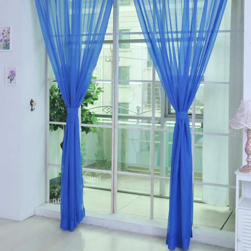 Однотонная Тюлевая занавеска Современная Синяя Прозрачная на окна из вуали для