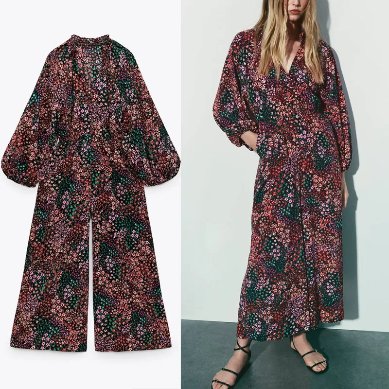 

Za 2021 Floral Print Autumn Jumpsuit Women Long Puff Sleeve Ruffle Loose Jumpsuits Female Fashion Side Zip Vintage Rompers