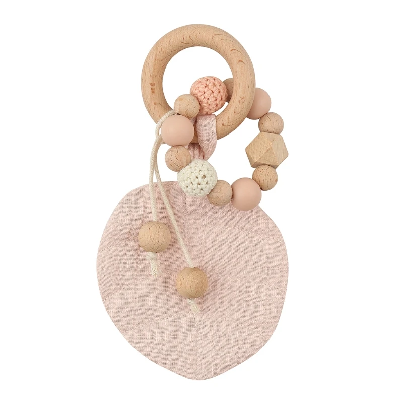 

Baby Wooden Teether Ring with Leaves Absorbent Cloth Towel Rattle Bead Molar Toy