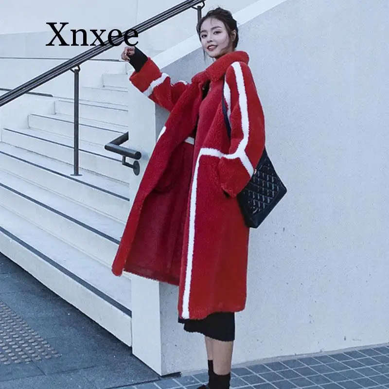 Winter Fur Coat Long Woolen Jacket turn Down Collar Sheepskin Female red x-long Russian winter Christmas festival wear