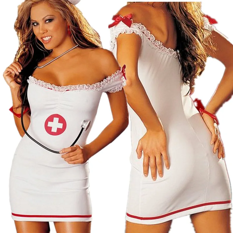 

Sexy Lingerie Female V-neck Passion Prono Short Skirt Nurse Cosplay Uniform Suit White T-Back Hat Nightdress Temptation Dress